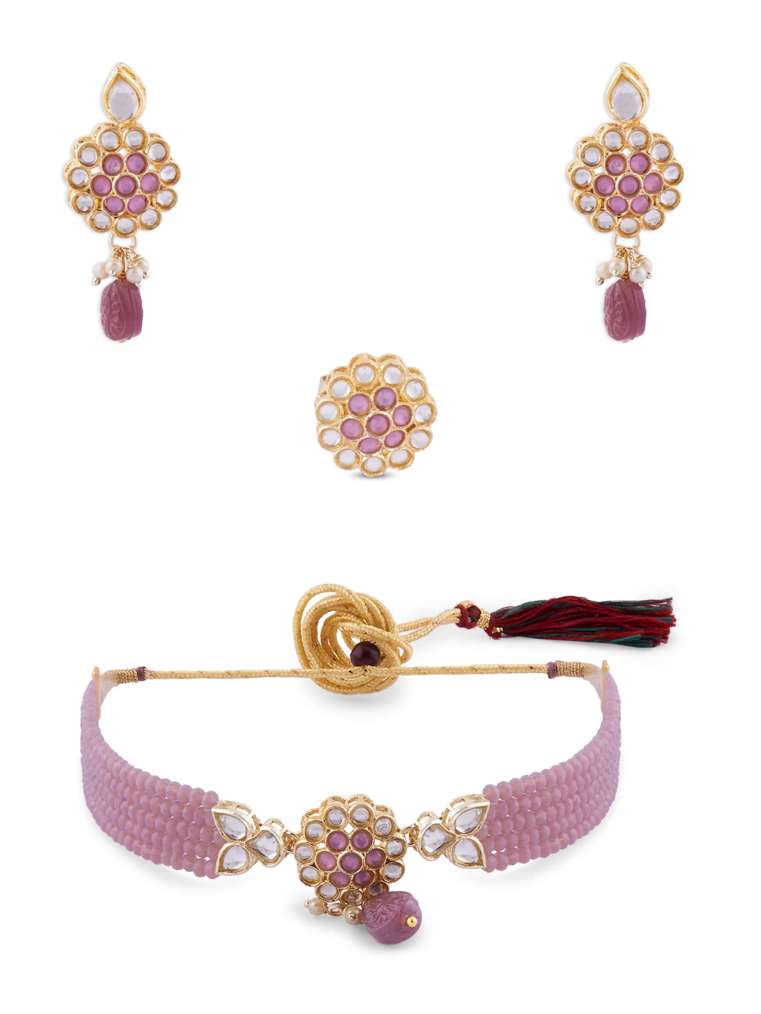 ZAVERI PEARLS Purple Multistrand Crystal Beaded Kundan Choker Necklace Earring & Ring Set For Women-ZPFK14835 (B0BFRH38XC) Amazon Price History, Amazon Price Tracker