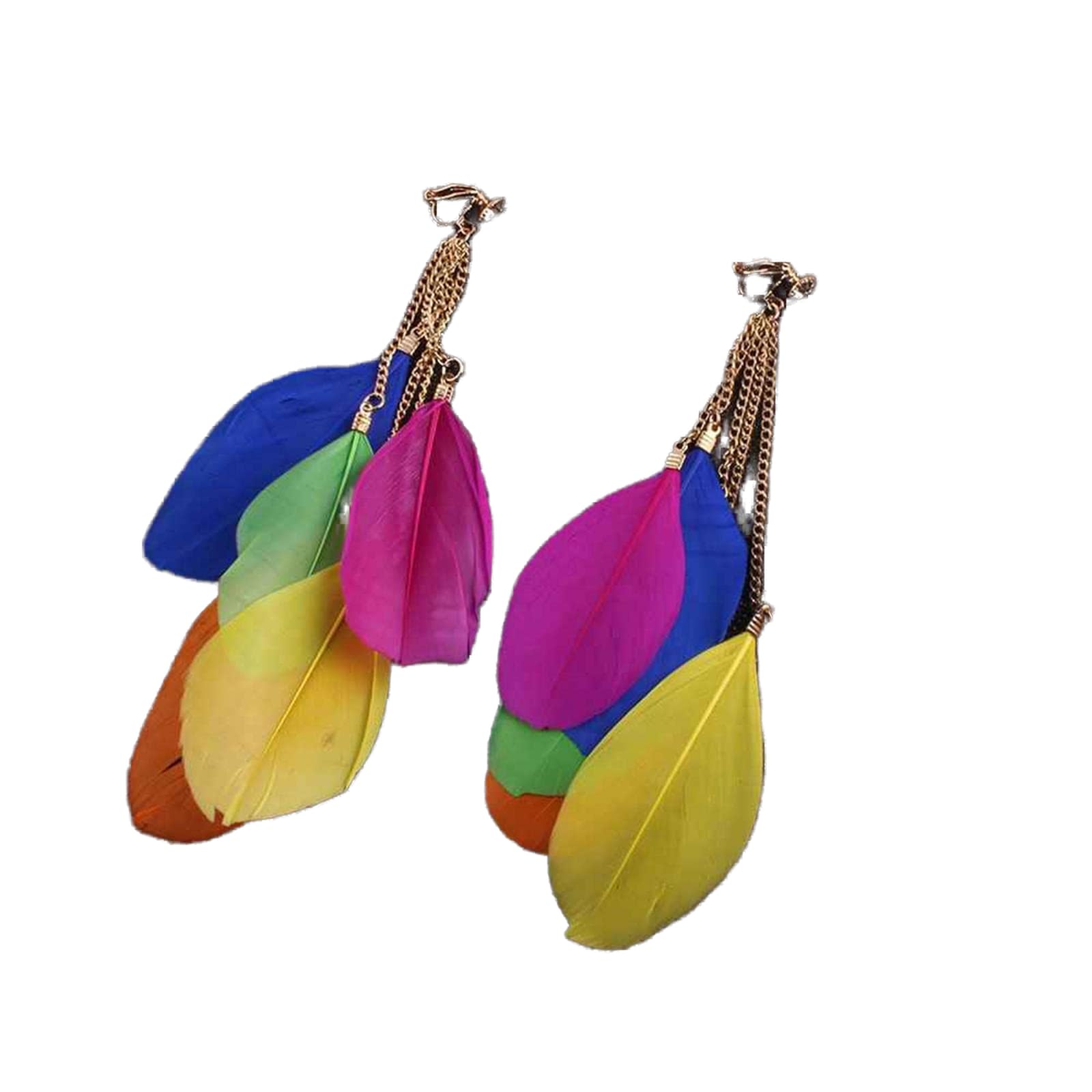 SALAN Bohemia Fashion Jewelry Multicolour Feather Clip On Earrings Non Piercing For Women Long Tassel Feather Earrings