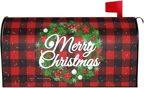 Fundas magnéticas para buzón de Navidad, tamaño estándar de 18 x 21 pulgadas, corona de Navidad de invierno, cubierta de buzón de búfalo rojo,