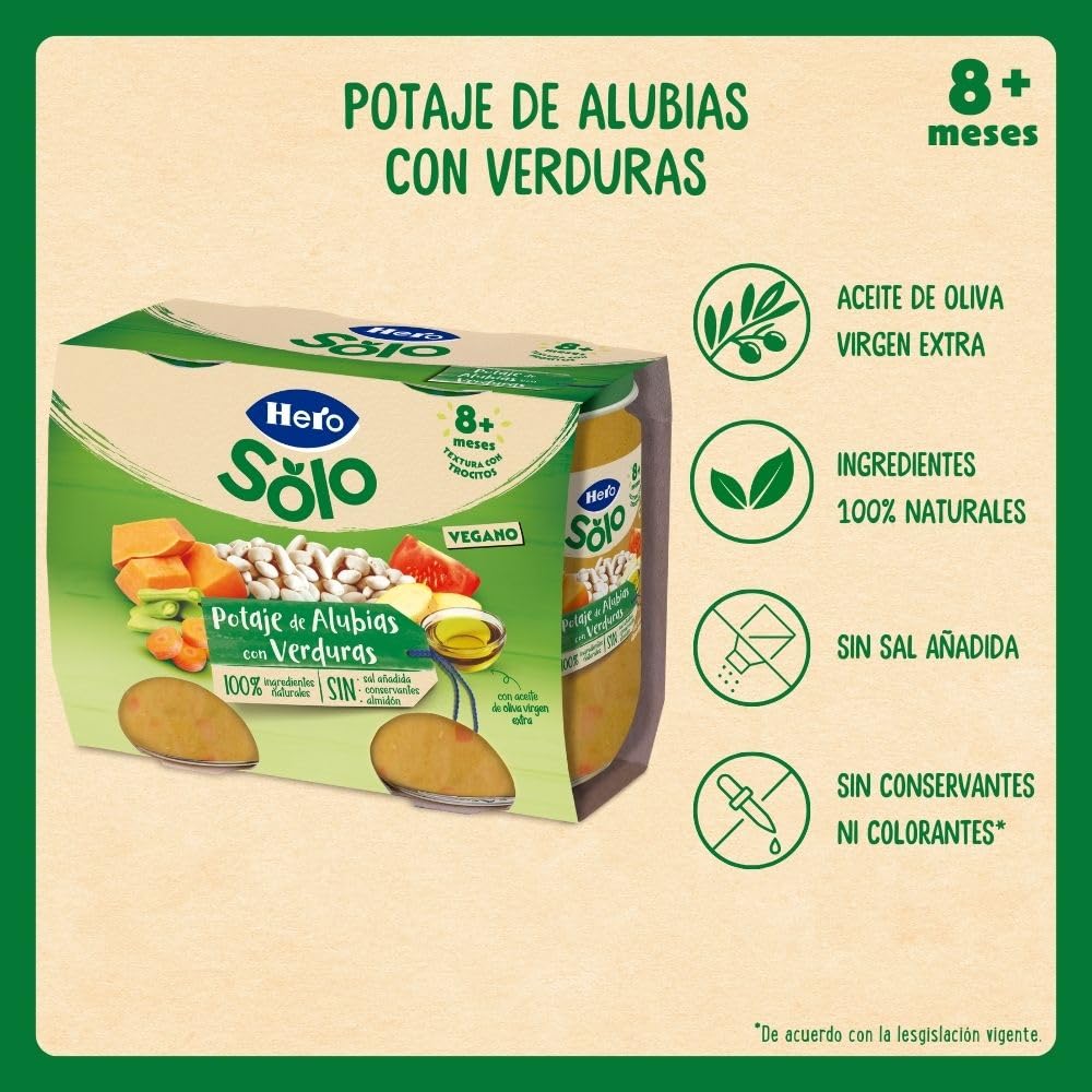 Hero Baby Recetas Caseras Tarritos de Potaje de Alubias y Verduras Sin Sal Añadida, 6 Packs de 2x190g