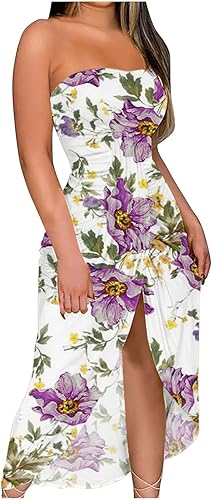 Miniatura 1 de Vestido largo para mujer, de vacaciones, fruncido, fruncido, degradado, sin mangas, sin tirantes, con abertura alta, bodycon