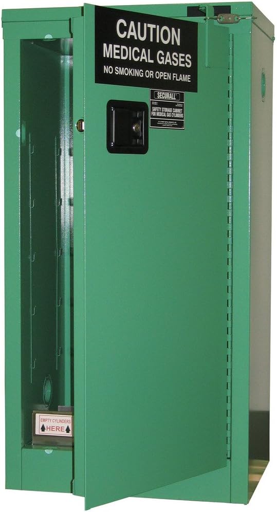 MG309E Medical Gas Cylinder Storage Cabinet, 18-Gauge Steel, 2-Door, Self-Latch, Self-Close Safe-T Door, 46 x 23 x 18 in, 9-12 H Cylinder Capacity, 15 YR Warranty - MG Green