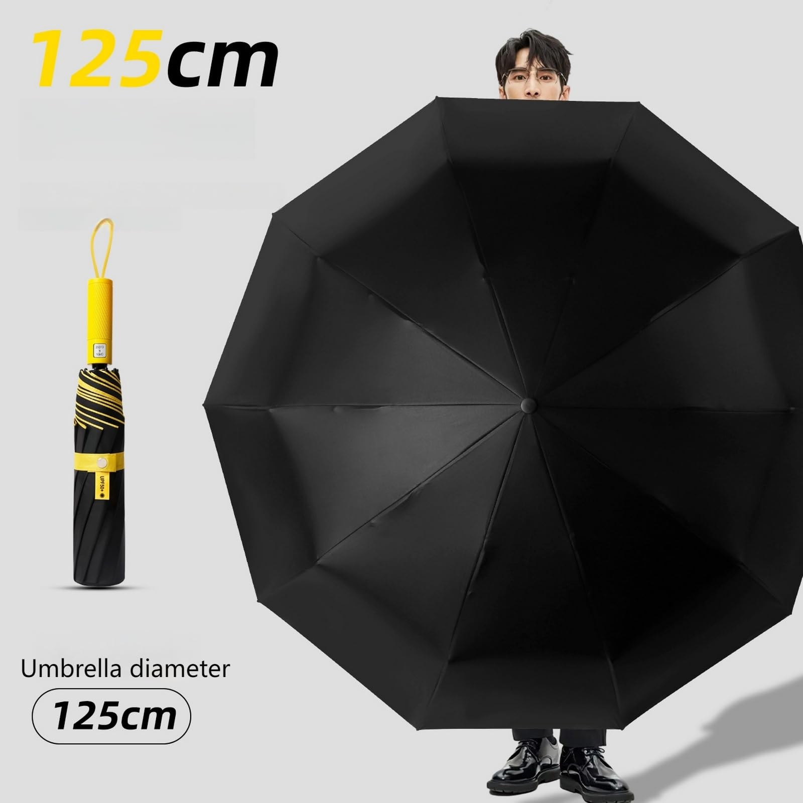Ombrello Pieghevole Automatico Extra-large In Vinile Nero Rinforzato Per Tre Persone, Maschio E Femmina