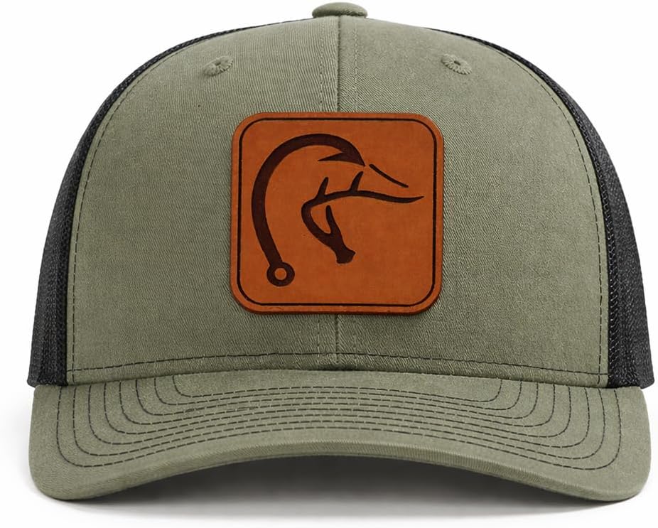 Duck Hook Antler Hunting Hat for Men. Genuine Leather Patch on a Richardson 112 Trucker