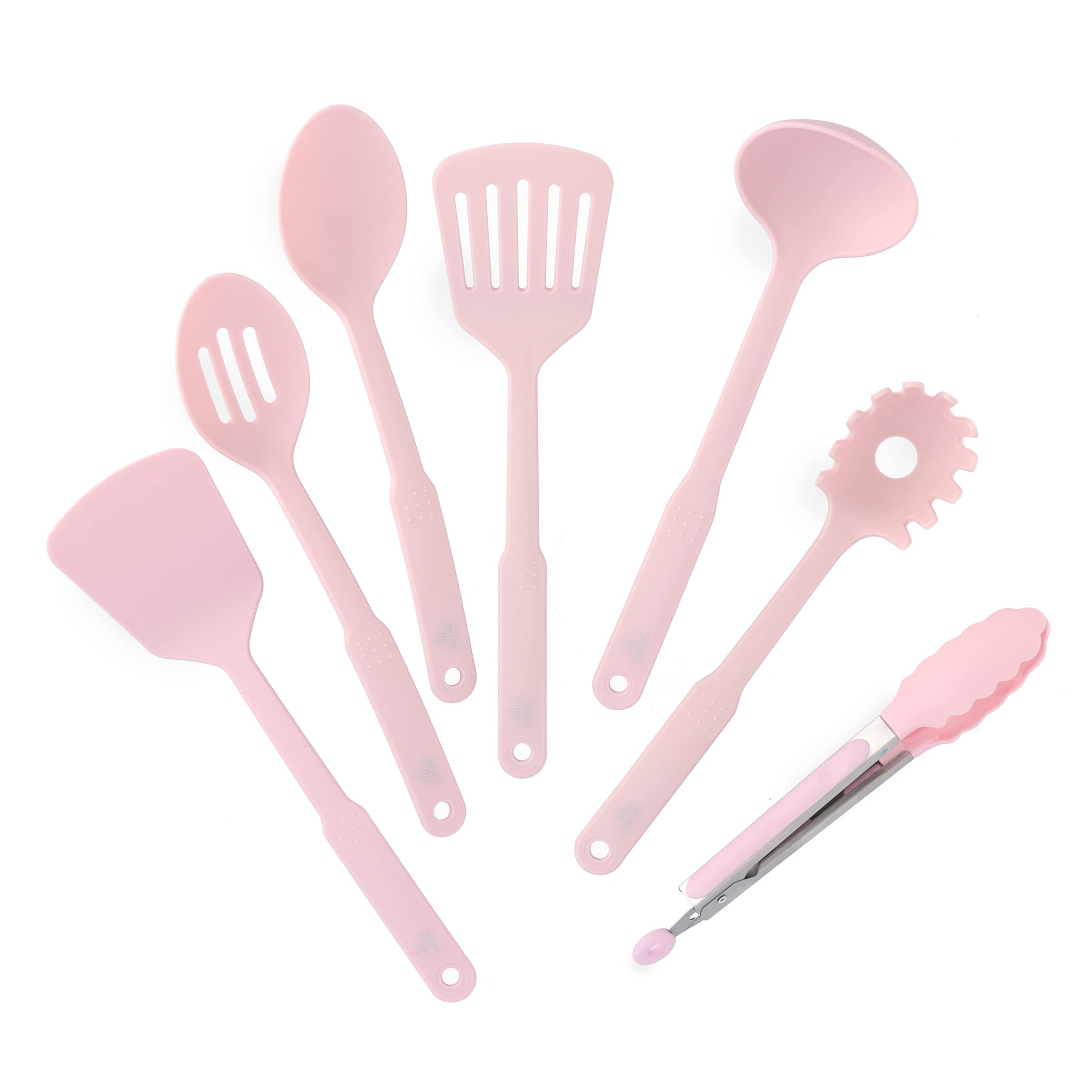 GreenLife Cooking Tools and Utensils, 7 Piece Nylon Set including Spatulas Turner Spoons and Tongs, Dishwasher Safe, Pink
