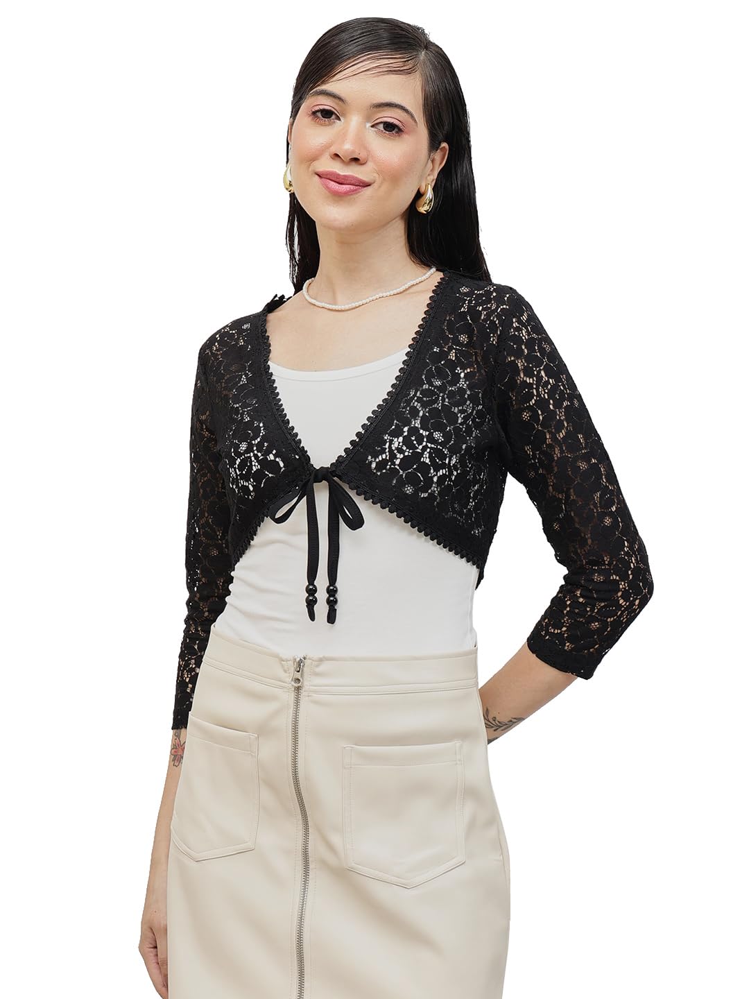 Nümae Women's Designer Lace Front Tie Up Short Shrug