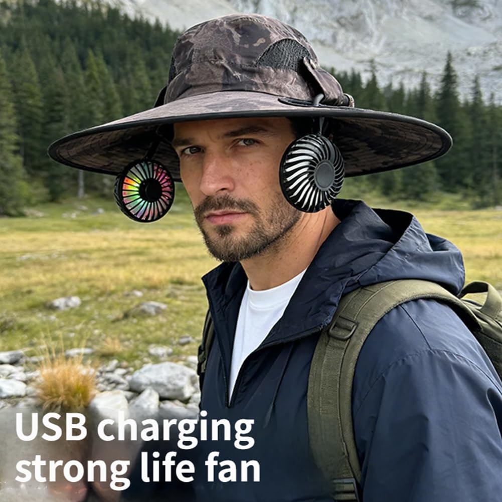 Cappello 2 in 1 a tesa larga UPF 50+, con doppia ventola solare, per pesca, escursionismo, ombrello, per adulti, ricarica USB