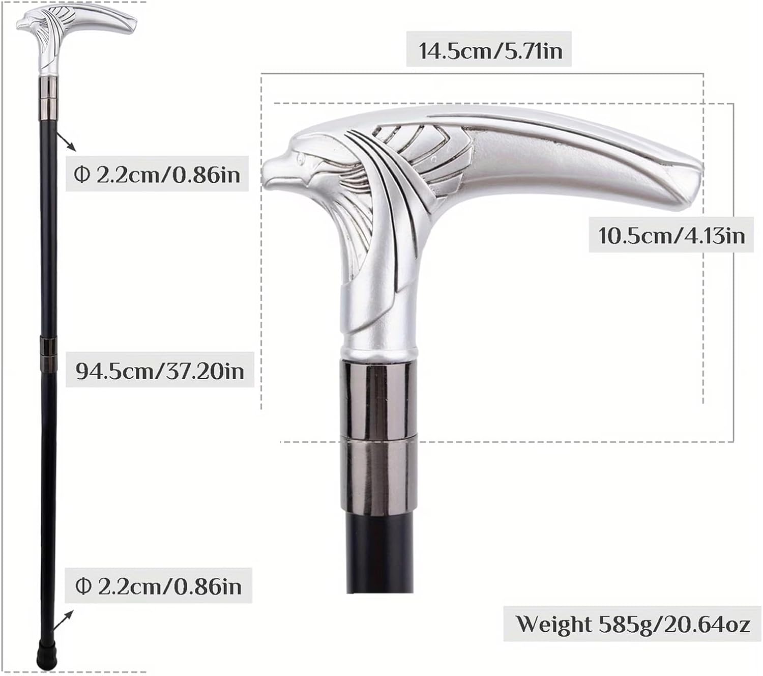 Silver Eagle Head Walking Cane, Luxury Men Womens Walking Stick, Heavy Duty 500 Lbs Capacity, Ergonomic Handle 94cm