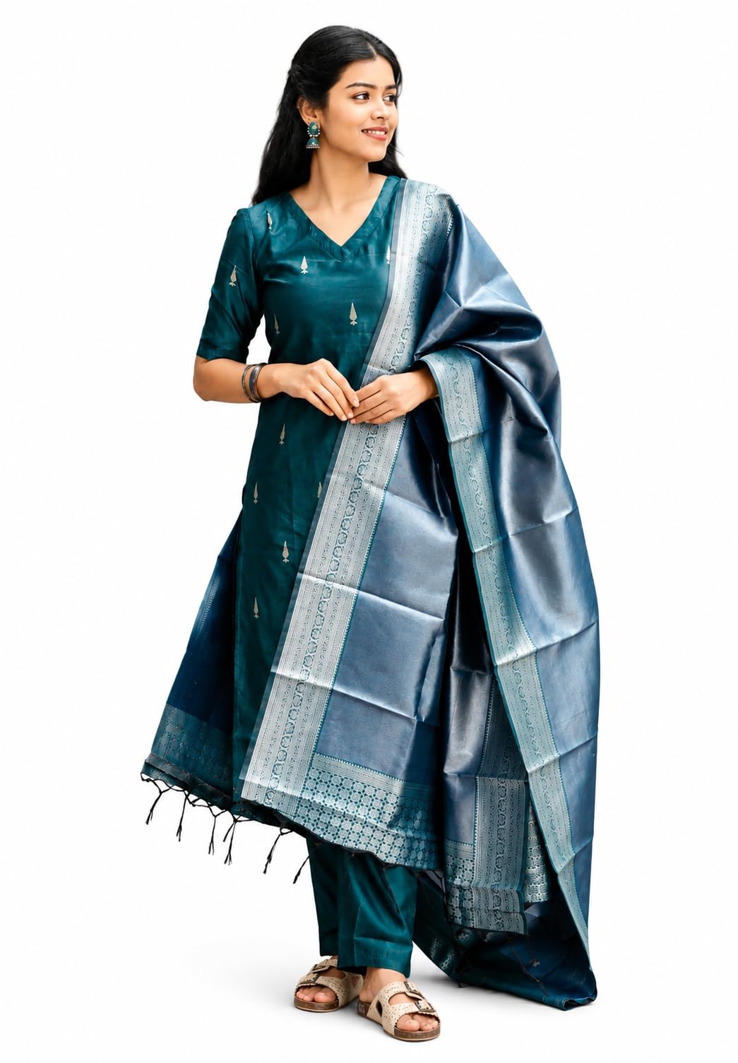 Women's Teal Blue Jacquard Kurta Pant Dupatta Set-image-16