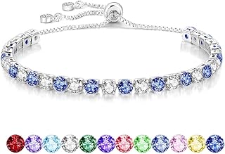 S925 Silver Bracelet for Women Adjustable Slider Crystal Tennis Bracelet Birthstone Jewellery Birthday Gifts