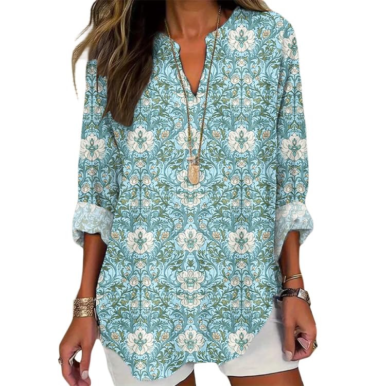 DMOYALA Long Sleeve Floral Tops for Women Spring Plus Size V Neck T Shirts Trendy Graphic Cotton Tunic Tops