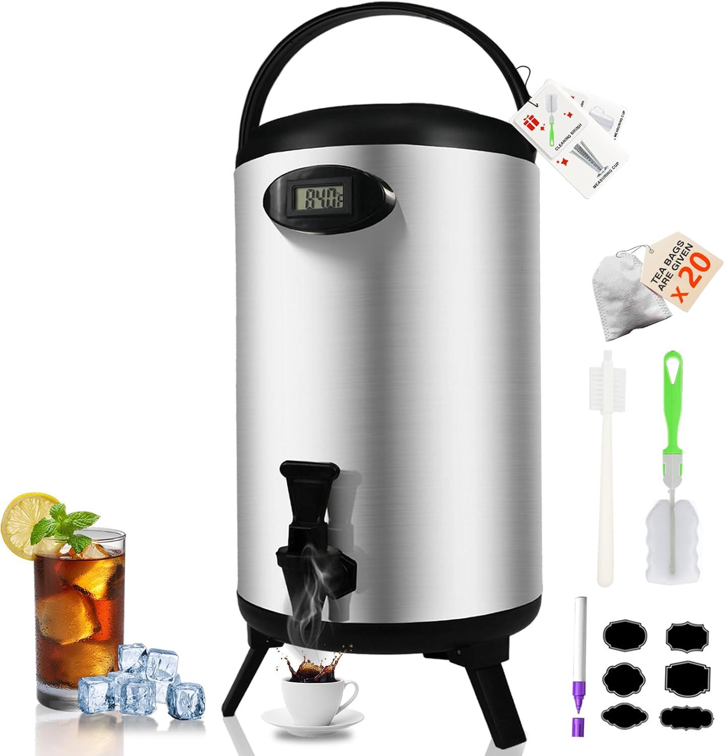 Insulated Beverage Dispenser 2 Gallon, 304 Stainless Steel Hot Drink Dispenser, Hot Water Dispenser for Parties, Hot Water Urn with Stand for Coffee Chocolate Tea, Silver, Non-electric,New 2 Gallon Silver