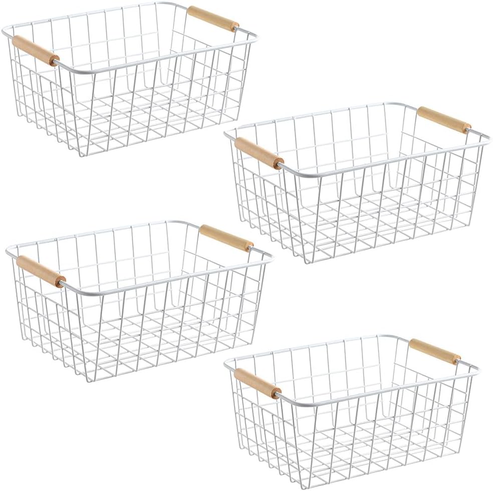 Set of 4 LeleCAT White Wire Baskets with Handles for Kitchen & Pantry Storage
