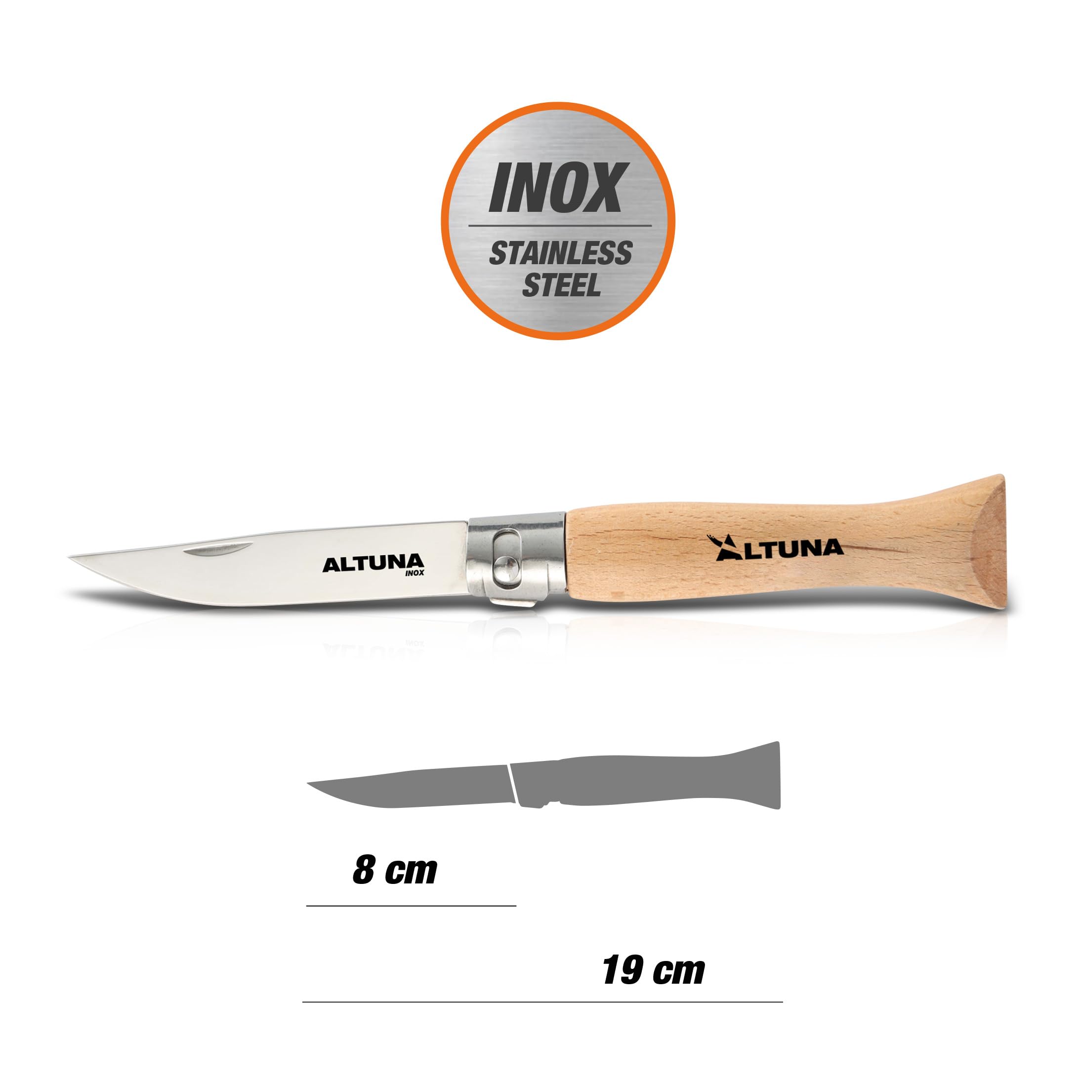 Altuna - Navaja Multiusos Plegable - Hoja de 8 cm de Acero Inoxidable - Con Seguro Anticorte - Mango de Madera Ergonómico - Navaja de Camping, Setas, Senderismo y Pesca - Compacta y Resistente