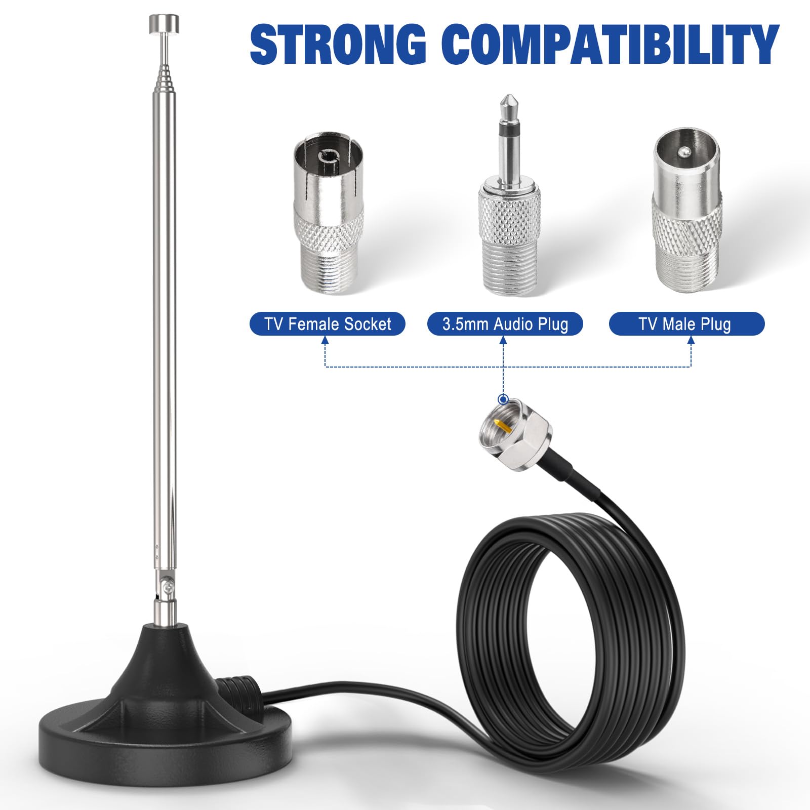 Eightwood Antenna Radio FM DAB Telescopic Digitale 75 Ohm con Base Magnetica Extension 2.5M Cable