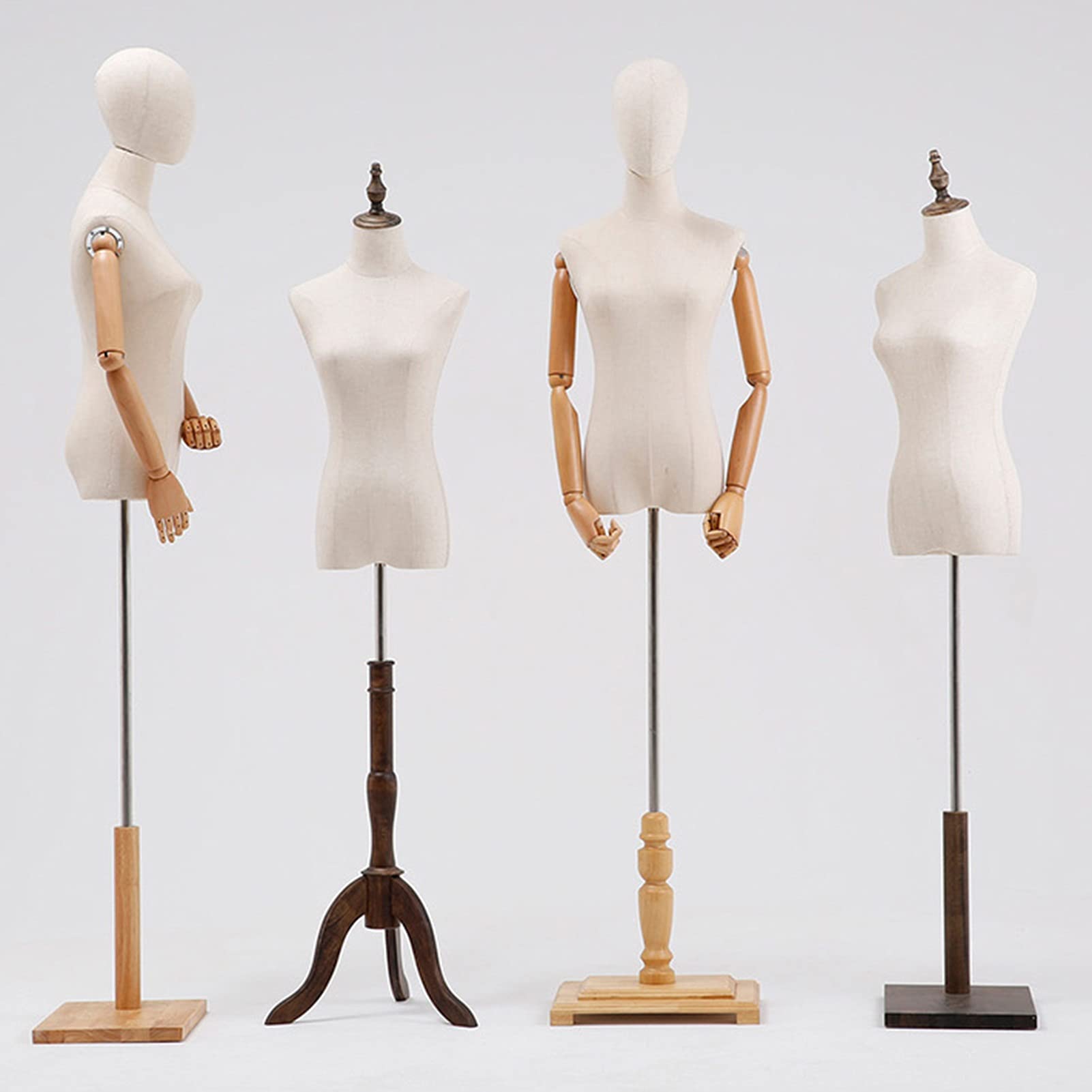 Female Mannequin Torso Body, 132 182cm Adjustable Height Dummy Model, Manikins for Clothing Realistic Display, Linen Cover Wooden Base, 2 Sizes