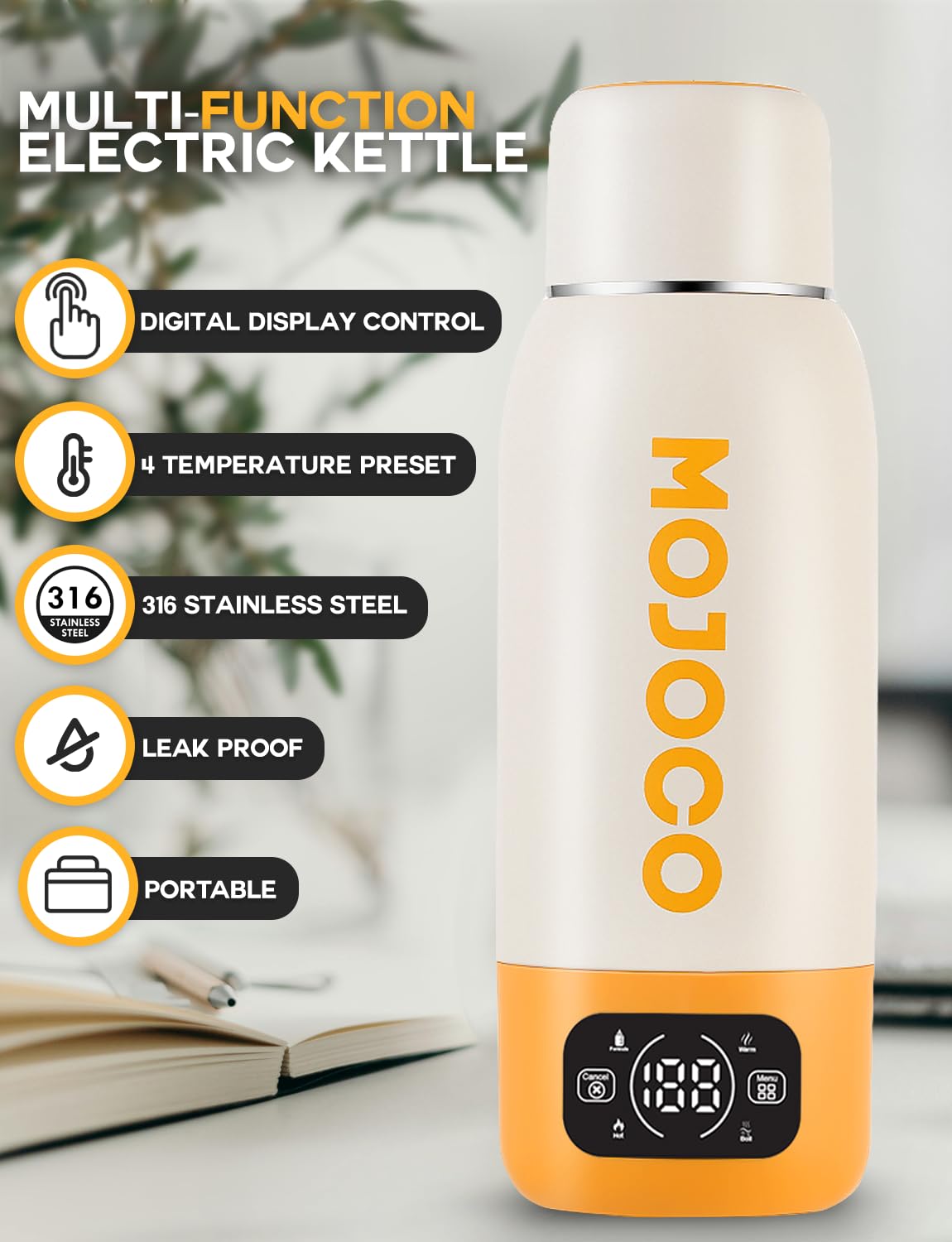 Mojoco Portable Electric Kettle - 20oz Leak Proof Travel Kettle for Coffee, Tea - Vacuum Insulated Stainless Steel Portable Water Boiler - Small Water Heater for RV, Camping