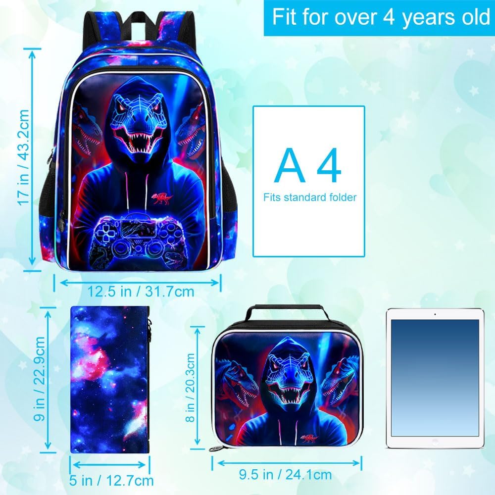 gxtvo 3PCS Kids Dinosaur Game Bookbag, 17" Boys Dino Backpack with Lunch Box, Water Resistant Middle Elementary School Bag - Dinosaur Game - Image 4