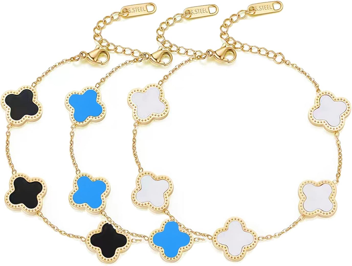 Clear Ant3Pcs Lucky Clover Bracelet Jewelry Set for Women Girls 18K Gold Plated Titanium Steel Simple Cute Bracelet link Gifts (Black+White+Blue)