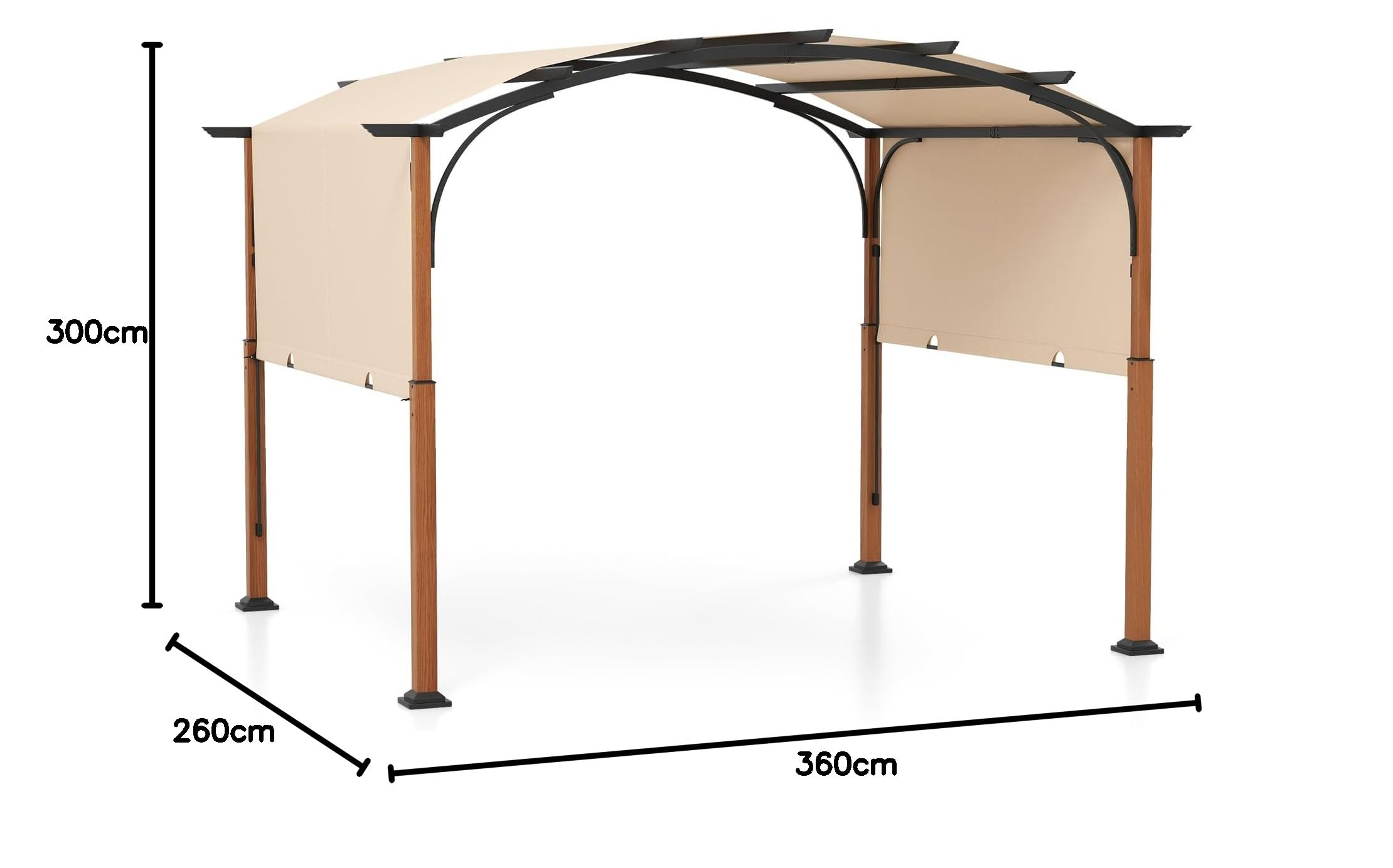GYMAX Pergola Retrattileda Giardino 300 x 360 cm, Pergola da Patio ad Arco con e Tettuccio Retrattile e Tenda Parasole, 16 Chiodi per il Terreno Inclusi, Gazebo per Giardino, Cortile (Beige)