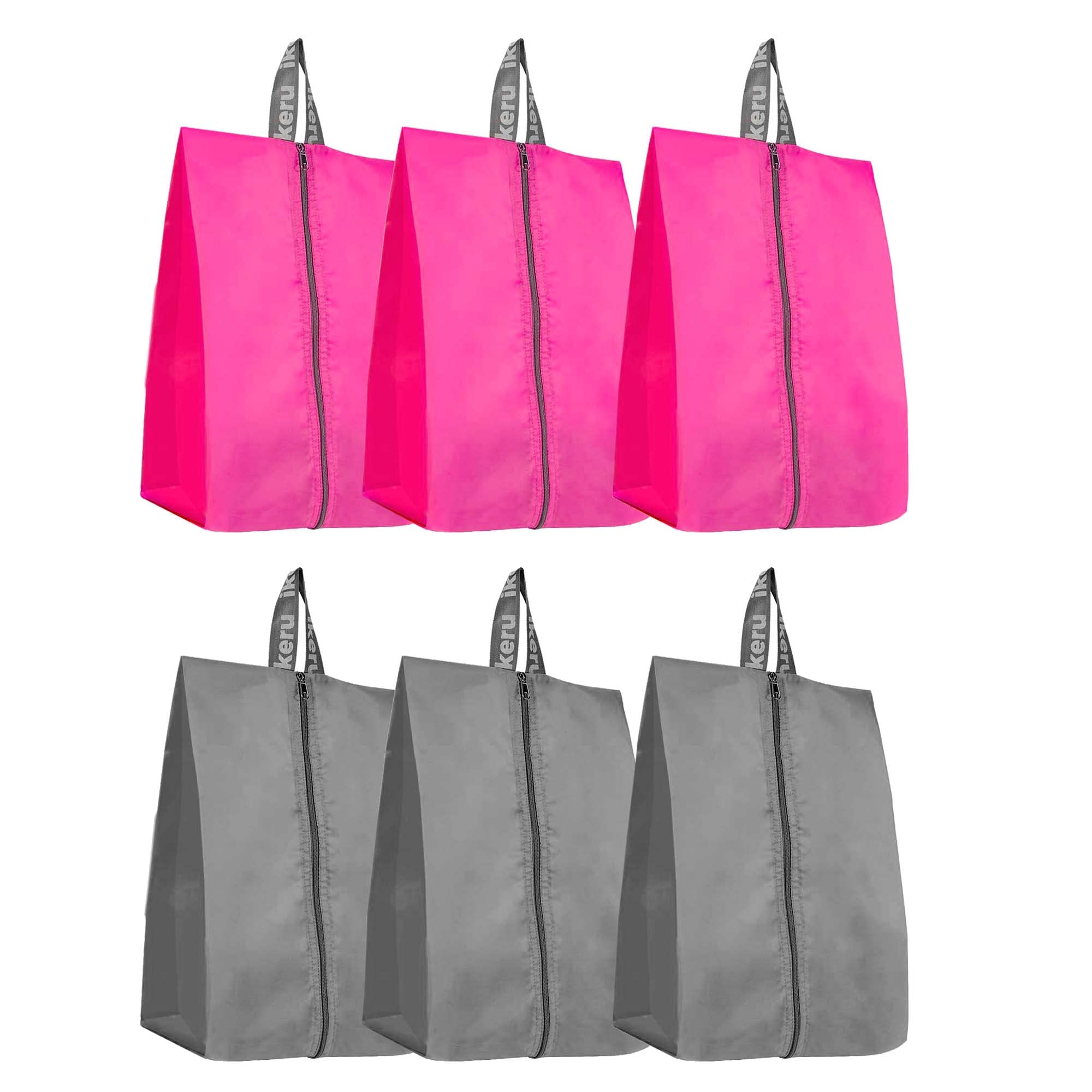 Ikeru Shoe Bags for Travel (Pack of 6) | Storage Organizer Shoe Pouches | Waterproof Shoe Covers with Zip & Carry Strap | Premium Shoe Cover Set | Elegant Travel Accessories (Pink + Grey)