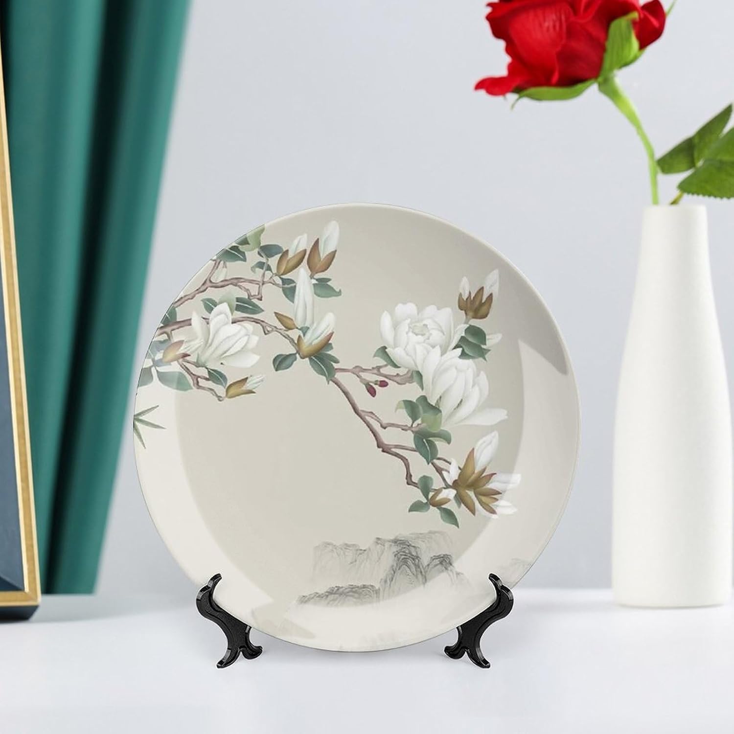 Blue White Porcelain Bone China Wall Plate, White on Branches with Misty Mountains, Elegant Hanging Decor for Bedroom Or Tea Room, 8inch Wall Art Home Decor