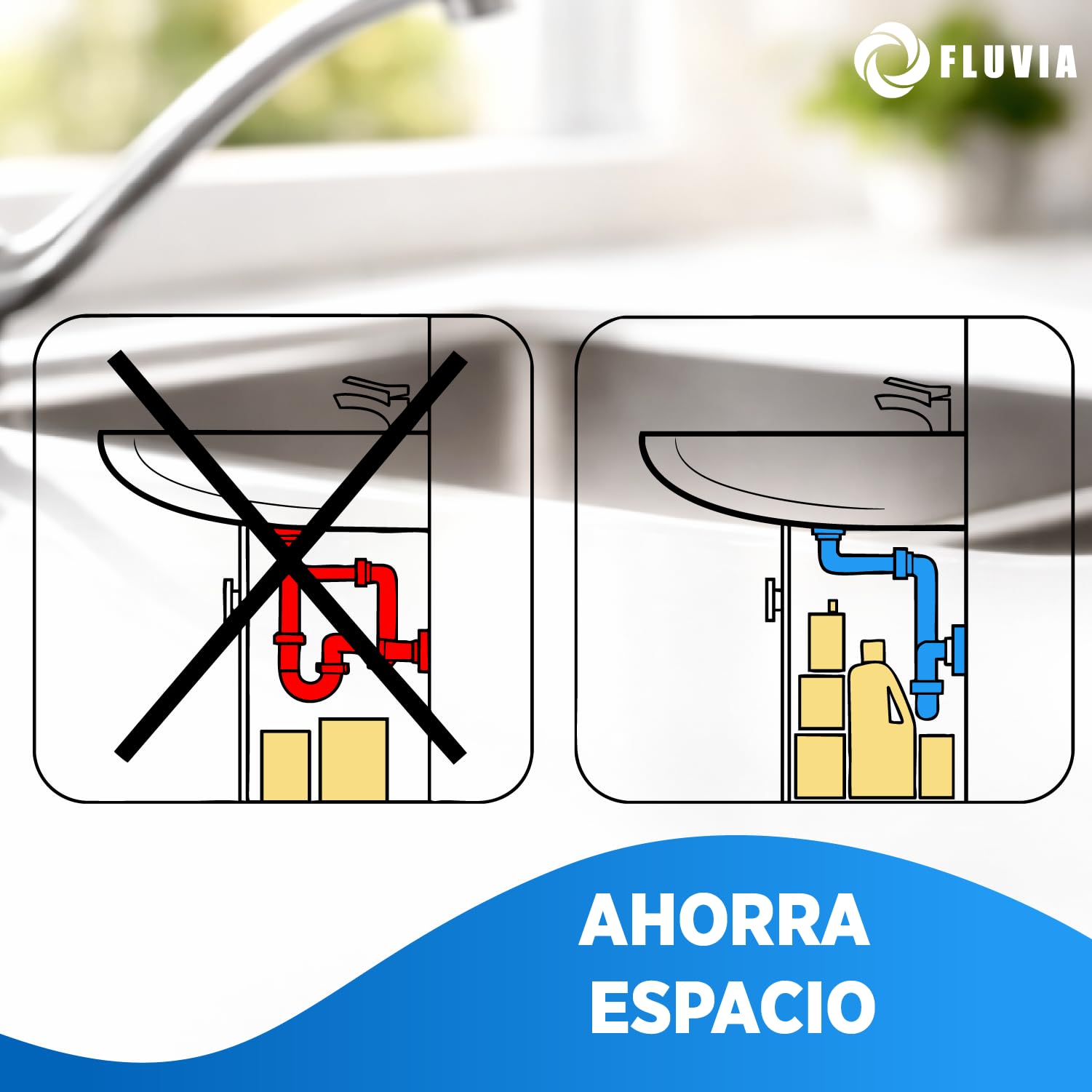 Sifón Fregadero Ahorro de Espacio Ø115 mm con Válvula Cesta Metálica para Cocina Desagüe Compacto Tipo Botella 1 172 x 40 mm Ideal para Muebles con Cajones Instalación Fácil FLUVIA