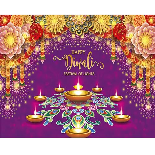 Image of 10x8ft Diwali Backdrop Fabric Purple Happy Diwali Festival of Lights Photography Background Extra Large Banner Room Decor
