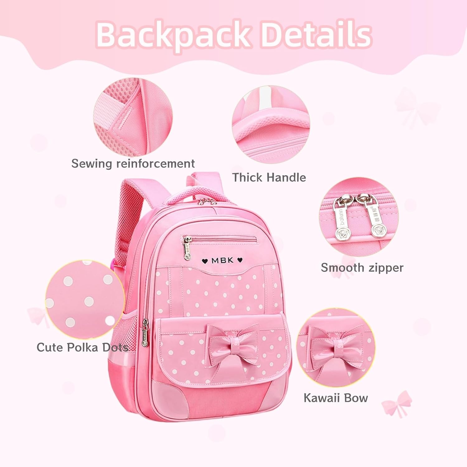Princess Bow Girls Backpack Elementary School Bag Kids School Travel Bag - Image 5
