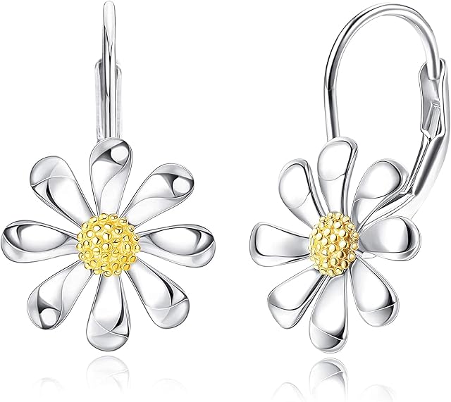 Adramata 925 Sterling Silver Flower Earrings for Women 14K White Gold Plated Sky Flower Leverback Earrings Flower Leverback Dangle Drop Earrings