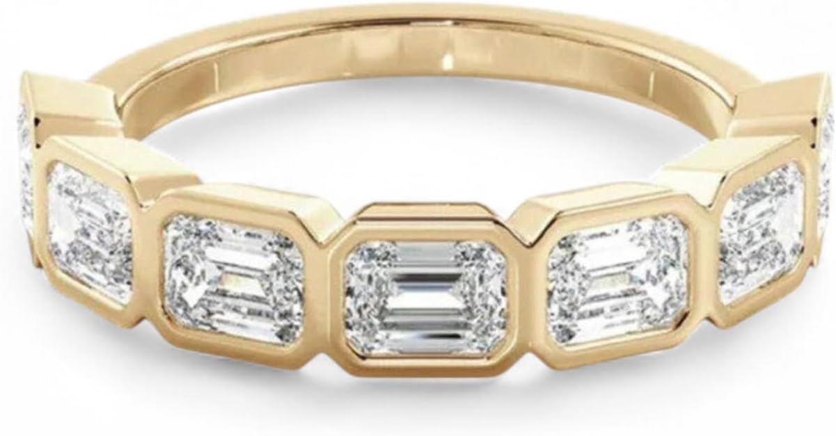Emerald Cut Moissanite Wedding Band for Women 14k Yellow Gold Bezel Set Modern Stacking Ring Unique Half Eternity Jewelry Gift for Her