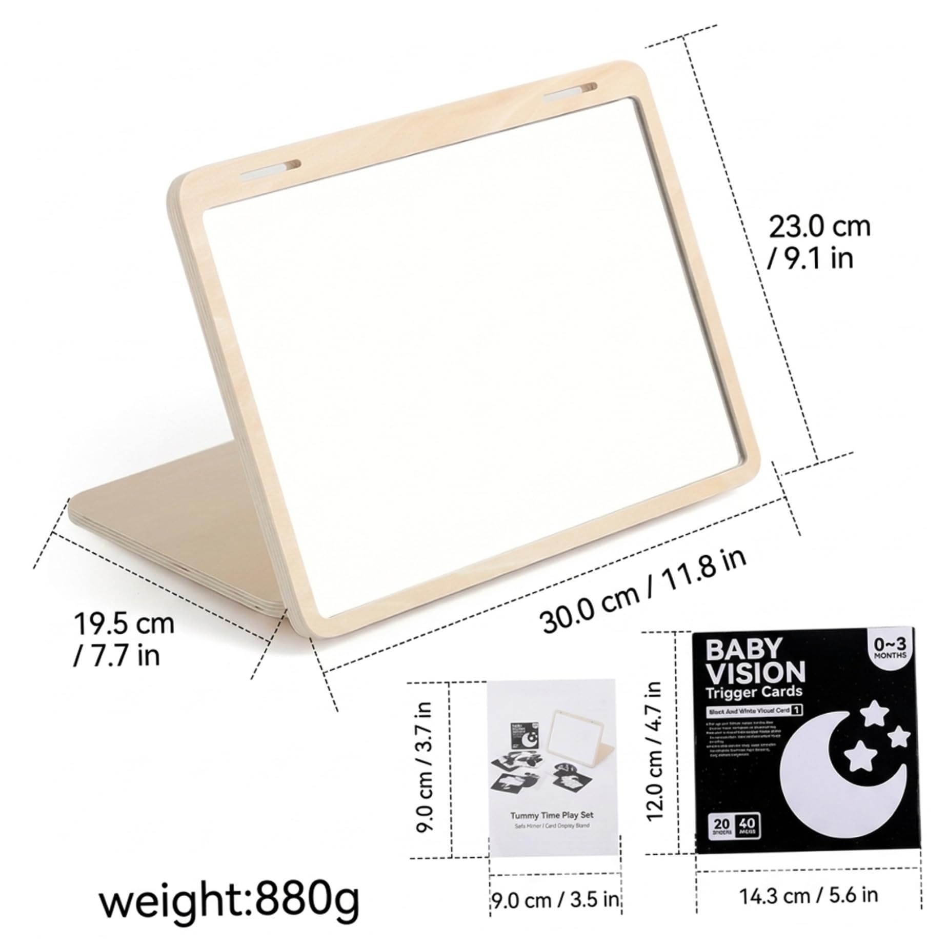 Juguete para bebé con espejo boca abajo, juguete sensorial con espejo Montessori con soporte ajustable y tarjetas visuales para recién nacidos de 0 a 3 meses, madera para juguetes y juegos de de.