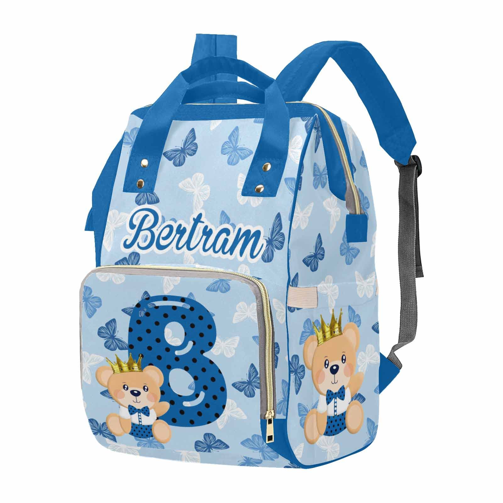 M YESCUSTOM Diaper Bag Custom Name Letter Personalized Blue Butterfly Diaper Bag with Cartoon Prince Bear Suits for Women Travel Outdoor Use