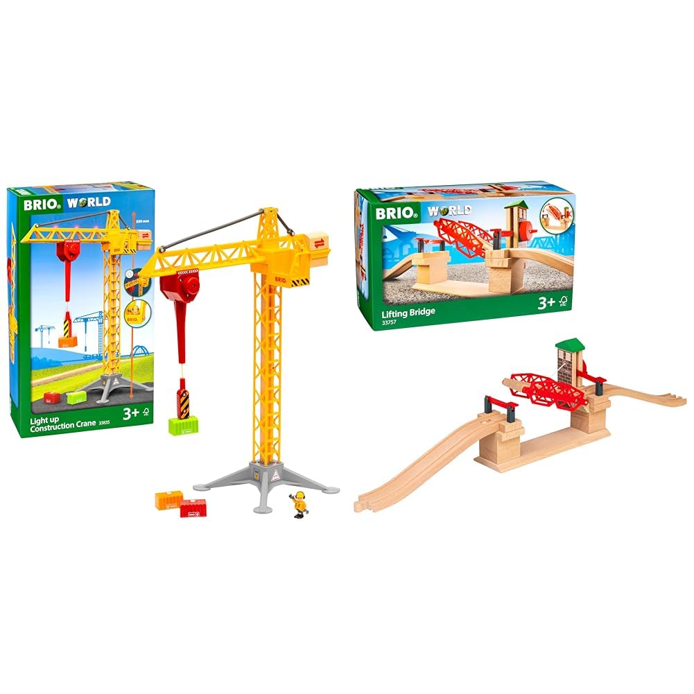 BRIO World 33835 Großer Baukran mit Licht Zubehör für die BRIO Holzeisenbahn & World 33757 Hebebrücke Eisenbahnzubehör Holzeisenbahn Kleinkinderspielzeug empfohlen für Kinder ab 3 Jahren