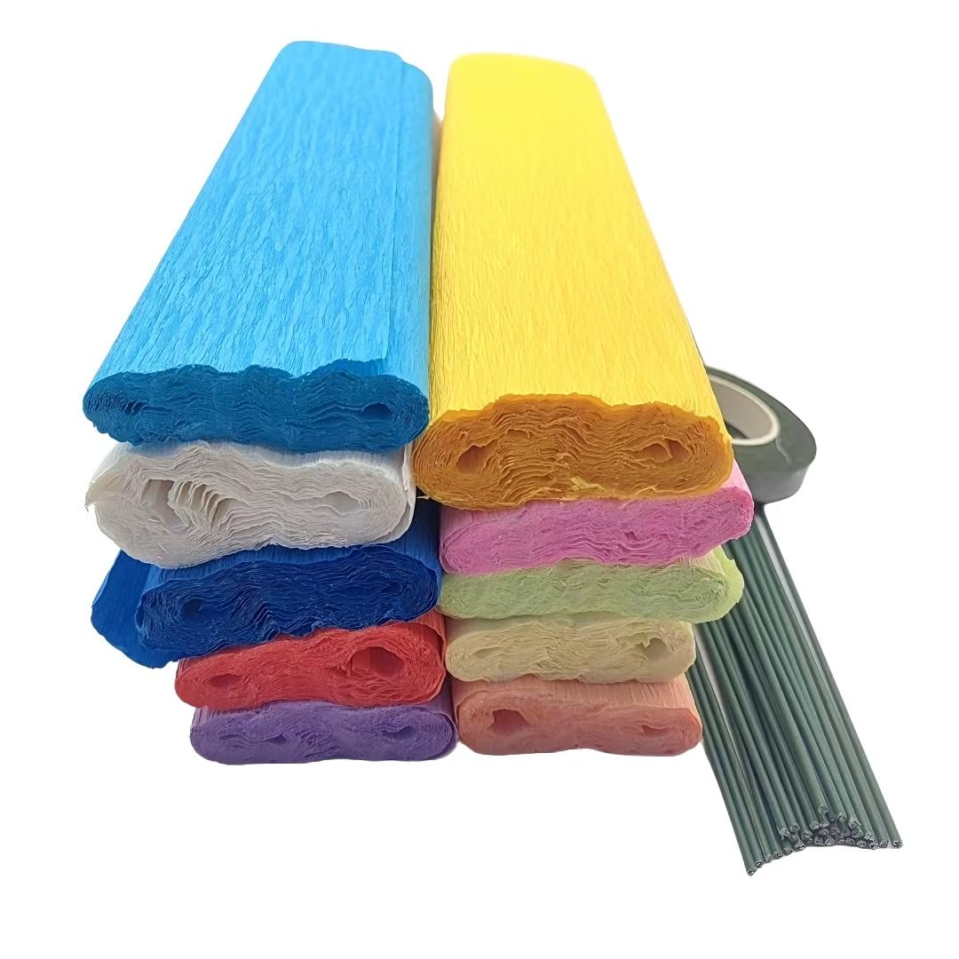 Lmlliang Lot de 10 rouleaux de papier crépon de couleurs – 250 × 25 cm, pour emballage cadeau, loisirs créatifs, anniversaire, mariage, vacances, fleurs (couleurs mélangées)