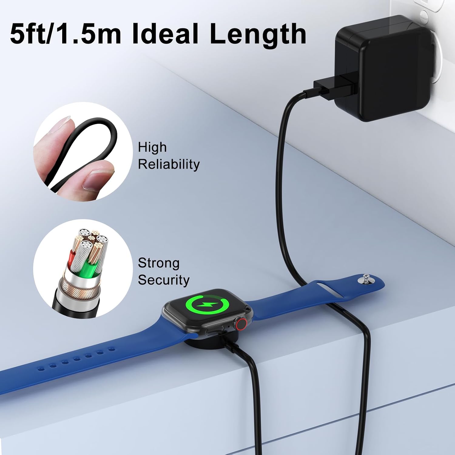 2Pack 5ft/1.5m for Apple Watch Charger USB Magnetic Wireless Fast iWatch Charger Portable Compatible with iWatch Ultra/Series 9/8/7/6/SE/SE2/5/4/3/2/1-[Black] image 4