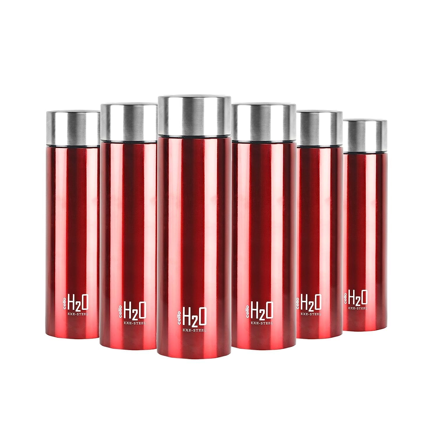 CELLO H2O Stainless Steel Water Bottle for Office & Daily Use Set of 6 Pcs, 1000 ml Red | Single Wall Freezer & Fridge Safe, Lightweight Leakproof Rustproof Steel Water Bottle for School Gym Travel