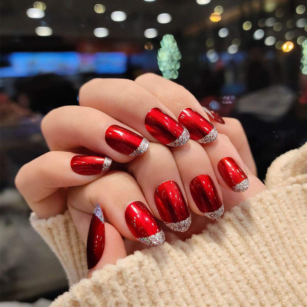 Amazon.com : Fdesigner Shimmer Fake Nail Tips Long Clip on Nails Full Cover  Acrylic Nails Red False Nail Art Accessories Oval Press on Nail Decoration  for Women and Girls : Beauty &
