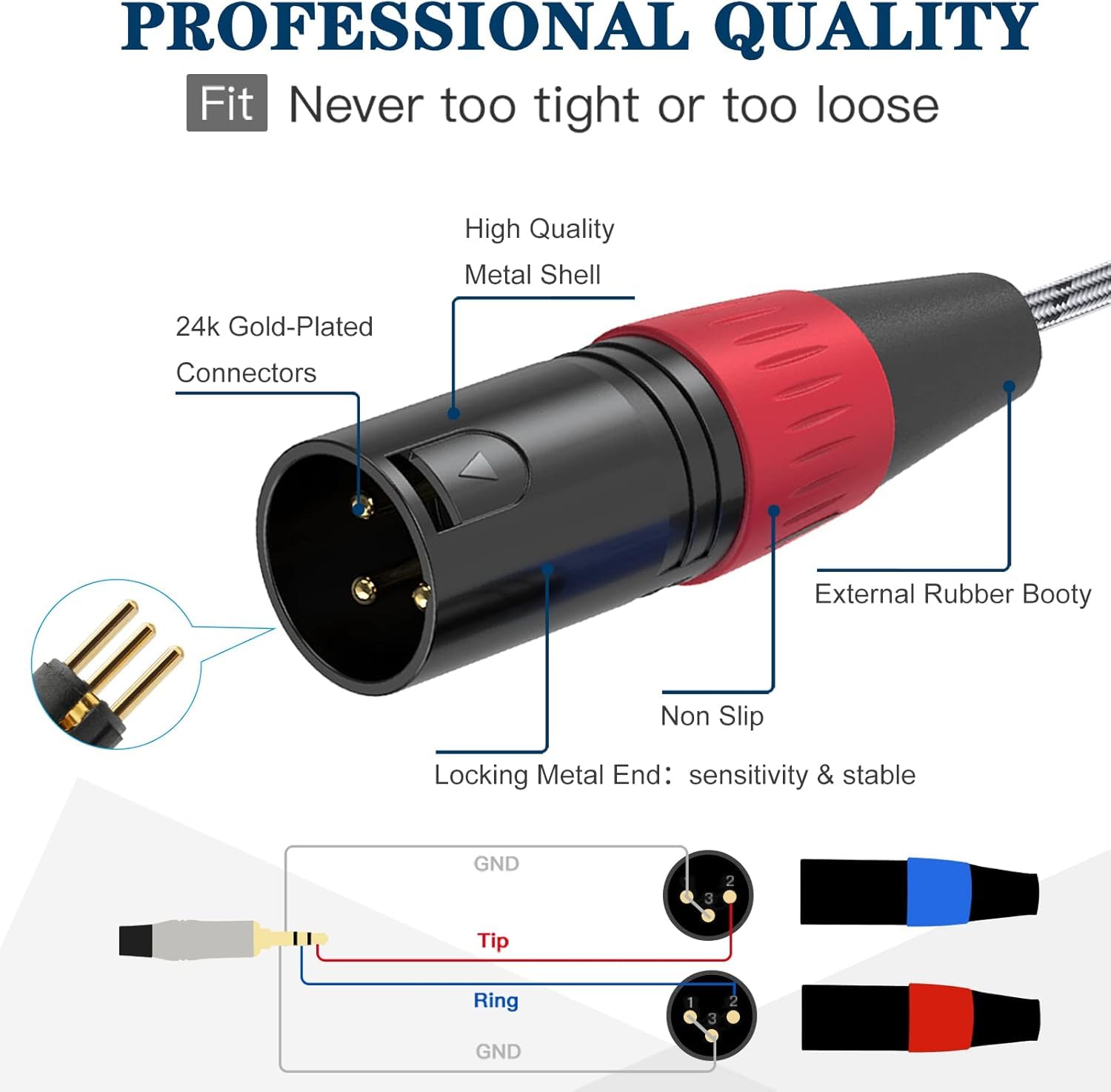 3,5 mm TRS auf 2 XLR-Kabel, 1,3 m, unsymmetrischer 1/8 TRS-Stecker auf Dual-XLR-Stecker, Y-Splitter Aux auf Dual-XLR-Breakout-Kabel, 24 K vergoldete Anschlüsse für Smartphone, Tablet, Laptop