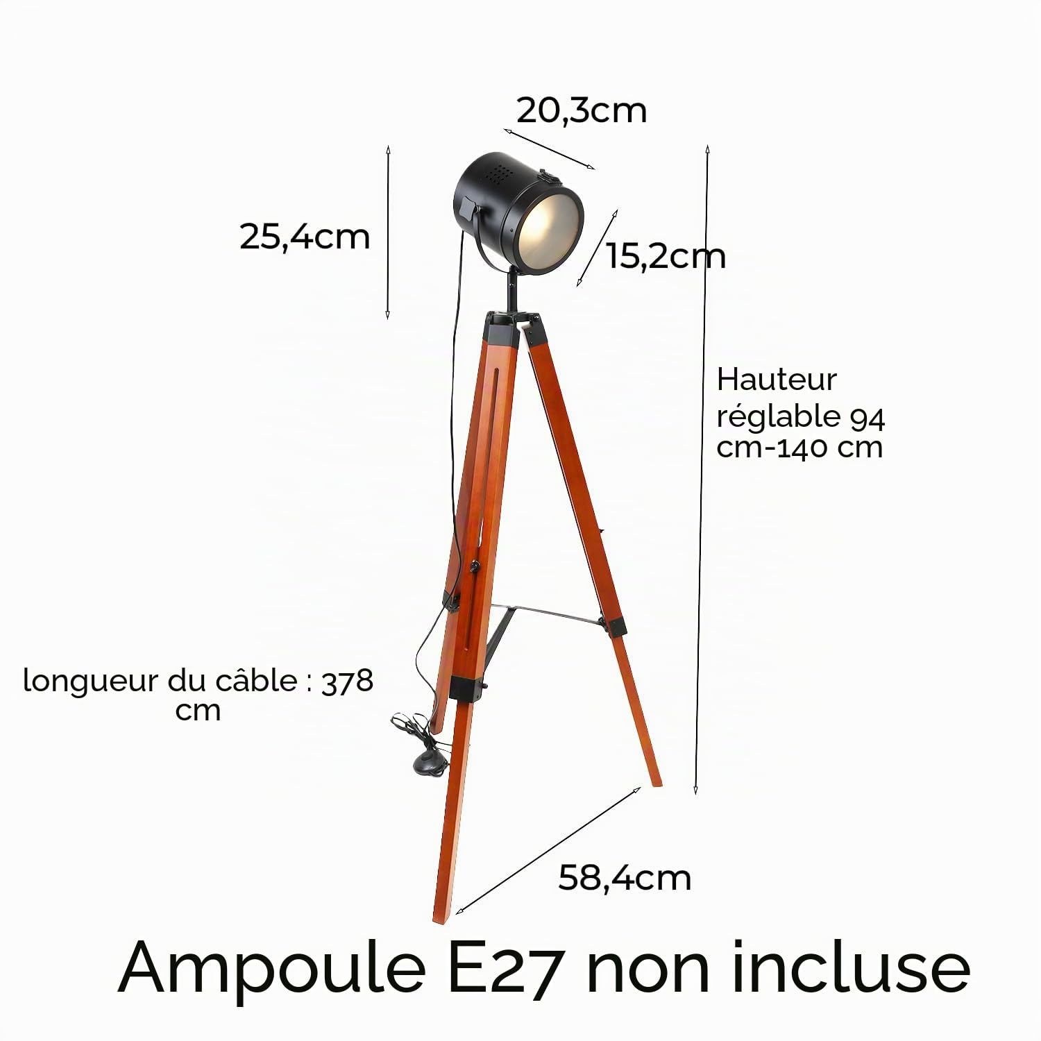 Alpinaluz Lampadaire artisanal avec structure bois et métal, tête orientable noire avec verre dépoli, hauteur ajustable, compatible ampoules LED E27, style rétro pour salon