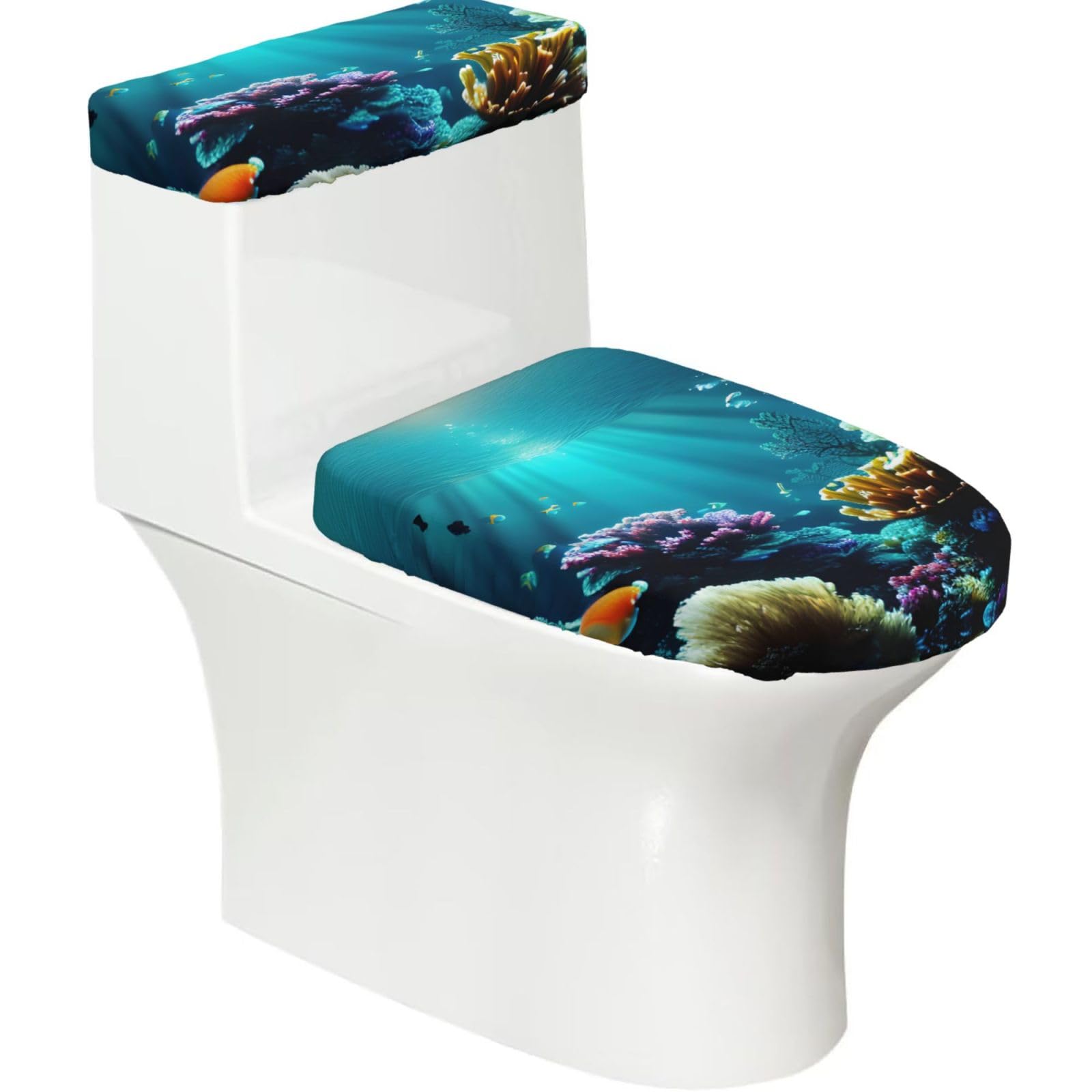 Underwater Scenery Printed Toilet Tank and Lid Cover Set of 2 for Most Bathrooms, Fits Elongated Round Toilets