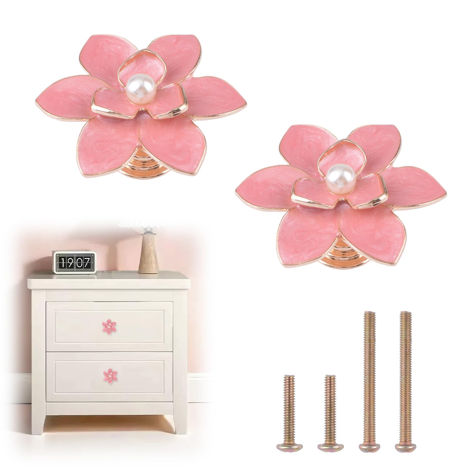 MOROBOR 2PCS Pink Petal Drawer Knobs, Creative Cabinet Drawer Pulls Sturdy Home Decor Handles Single Hole Petal Dresser Knobs with Mounting Screws for Dresser Wardrobe Door Furniture