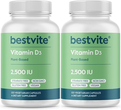 BESTVITE Vitamina vegana D3 2500 UI (240 cápsulas vegetarianas) (120 x 2) - Sin estearatos - Vegana - Sin OMG - Sin gluten