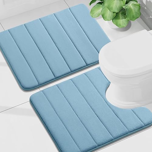 Miniatura 20 de Buganda Juego de 2 tapetes de baño de espuma viscoelástica y tapete para inodoro en forma de U, lavable a máquina, suave, antideslizante, Negro