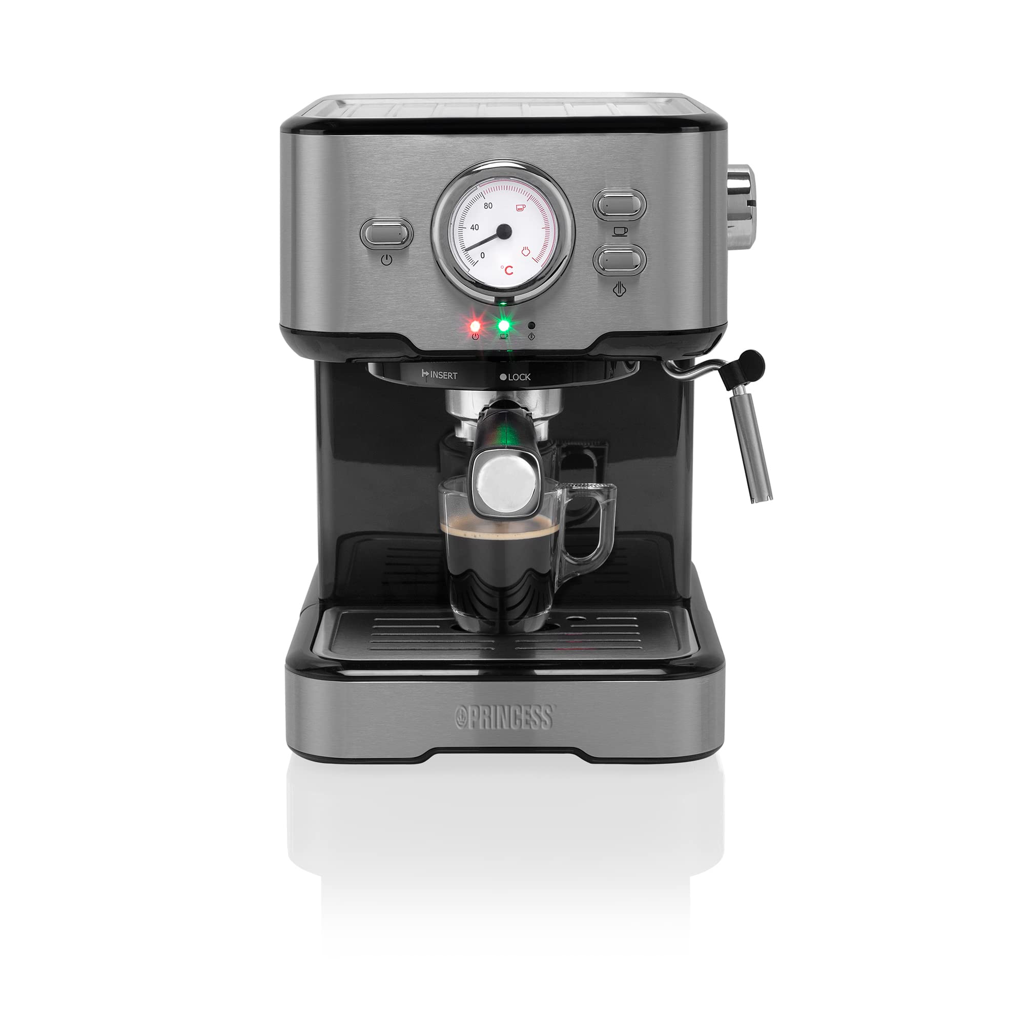 Princess 249412 Máquina de café para Espresso, Compatible con cápsulas Nespresso y café molido, 1 o 2 tazas, 20 bares de presión, Depósito extraíble de 1.5L, con espumador de leche, 1100 W