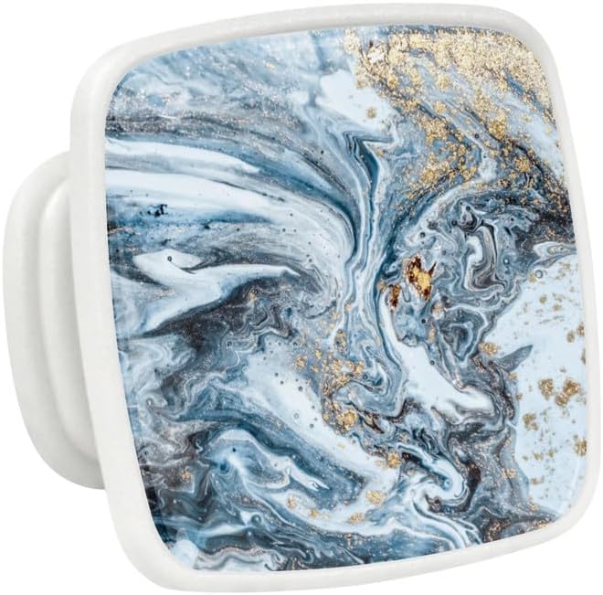 LORVIES Paquete de 4 pomos decorativos de mármol de 1.2 pulgadas, cuadrados de vidrio ABS blanco cabujón, manijas de puerta para gabinete, aparador,