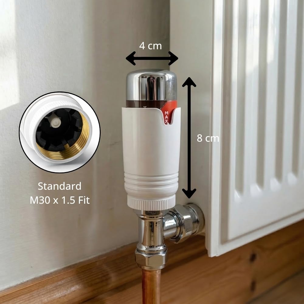 Valvola termostatica per termosifone, testa TRV M30 x 1,5, colore bianco cromato, testa di ricambio per termostato per controllo della temperatura, valvola di riscaldamento, confezione da