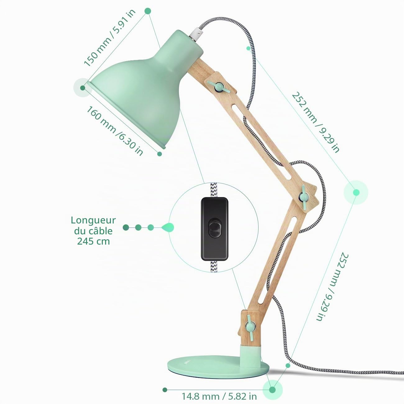 Tomons Lampe de Bureau LED, Lampe de Table à Bras Réglable, Lampe de Lecture Protection des Yeux pour Lecture, Travail, Lampe de Chevet Vert