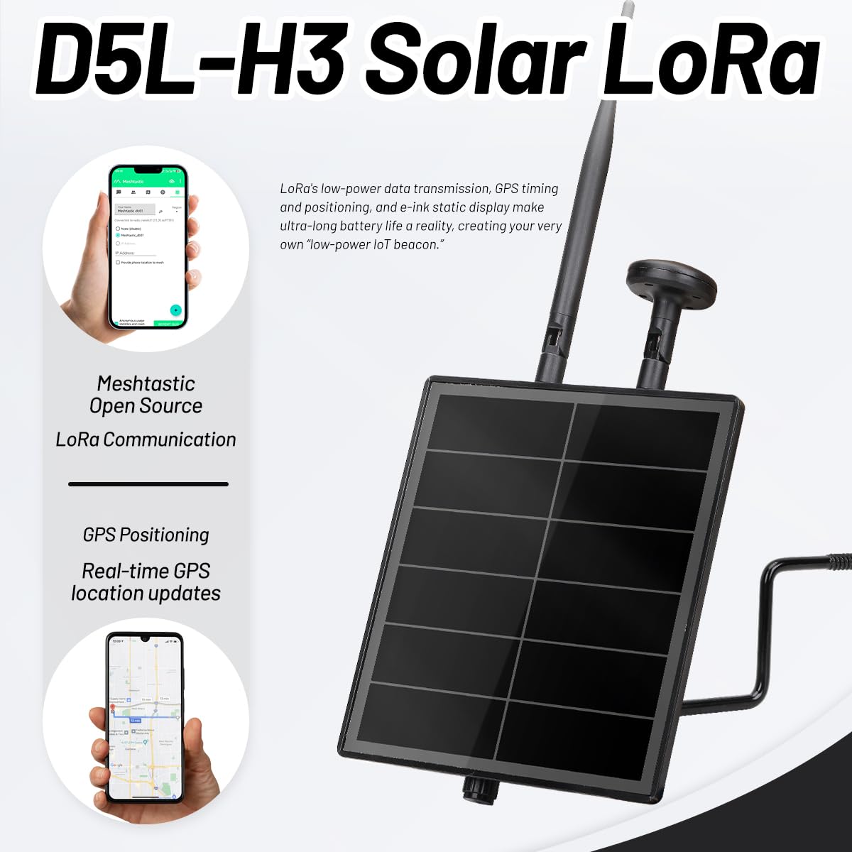 KEEPTEEN D5L-H3 Solar LoRa Mesh Tracker Kit with 5W Solar Panel Built in Heltec ESP32 V4 LoRa Board, Compatible with Meshtastic/Meshcore, Mushroom GPS, 868MHz Antenna, WiFi BLE