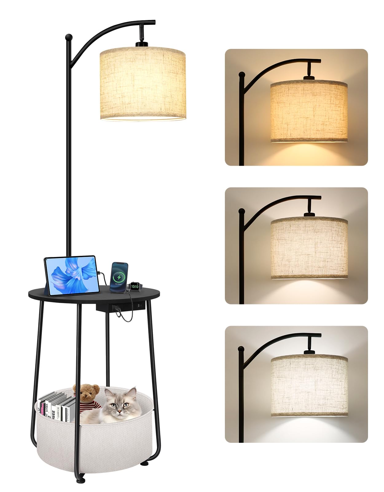 OUTON Lampara de Pie con Mesa Redonda, Mesas Auxiliares Laterales con Estación de Carga (USB y Type-C), 3 Temperaturas de Color, Mesita de Noche con Cesta de Tela para Dormitorio, Sala, Negro